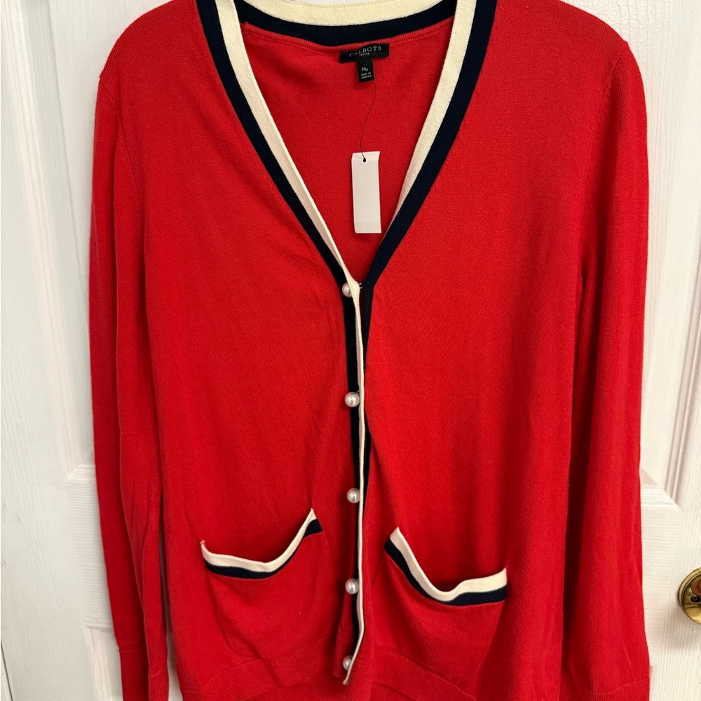 Talbots Red Cardigan with Navy and Cream Trim